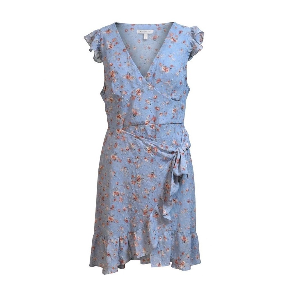 Dee Elly Women's XL Floral Wrap Dress Blue Flutter Sleeve Ruffle Hem Cottagecore